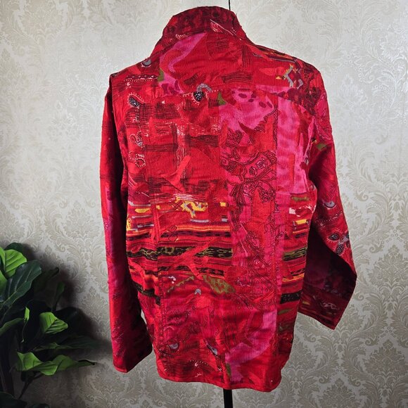 Chico's Size 3 (US XL) Red Multicolor Button Front Jacket 100% Silk Long Sleeve - Picture 7 of 12
